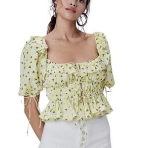 For Love & Lemons Chrysanthemum Puff Sleeve Crop Top Lemonade Yellow Size Small